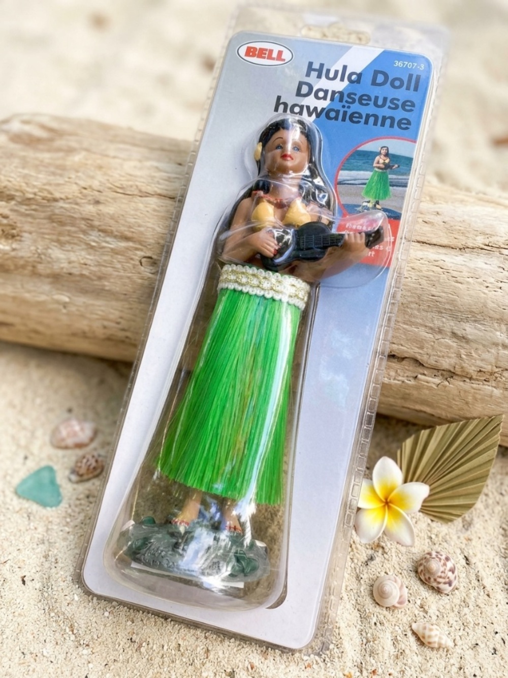 NIP Bell Hula Girl Dashboard Doll Dancing Figure Ukulele Green Skirt